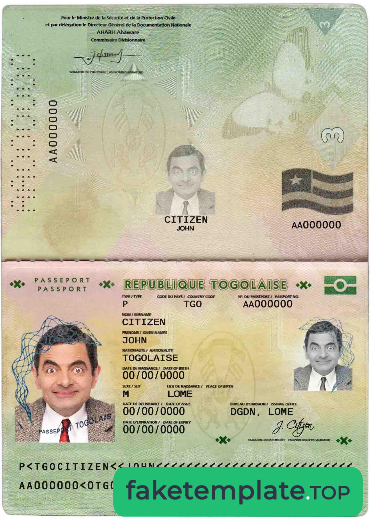 Feature of fake Togo passport example